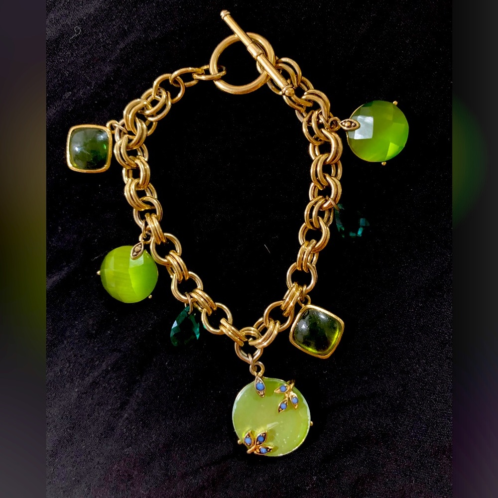 Monet vintage gold metal charm bracelet with green gems charms costume jewelry